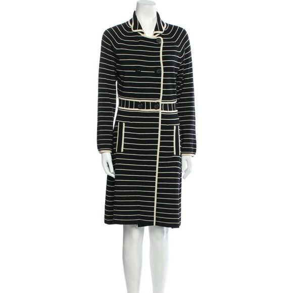 Tory Burch 100% Wool Knit Stripe Sweater Dress Black Cream L Long Sleeve - Picture 1 of 12